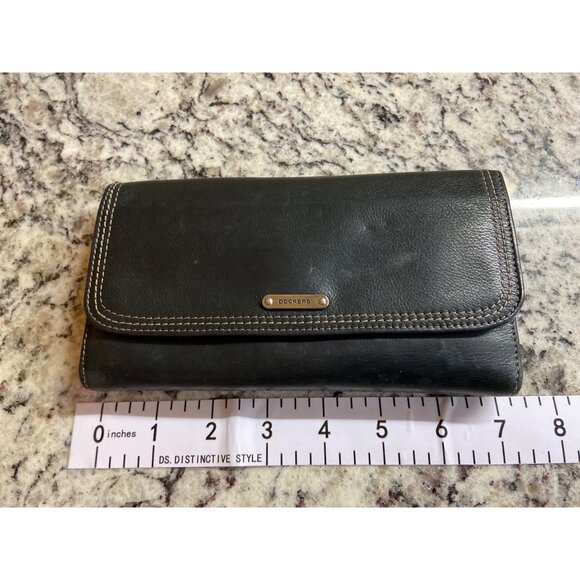 Dockers Black Leather Trifold Wallet Plaid Lining Snap ID Cardholder Vintage - Picture 1 of 6